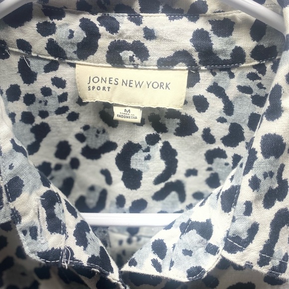 Jones New York Black White Animal Print Thick Linen Blend Button Down M - Picture 7 of 11